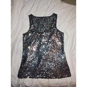 EUC Sz M Sequin & Lace Sparkly Tank Top Express Grey & Silver